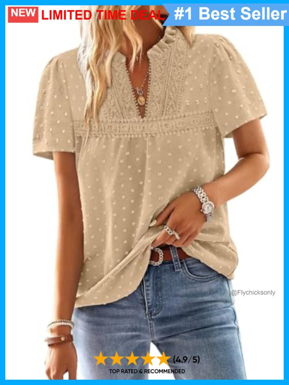 Boho V-Neck Swiss Dot Ruffle Short Sleeve Lace Hem Flowy Tunic Blouse